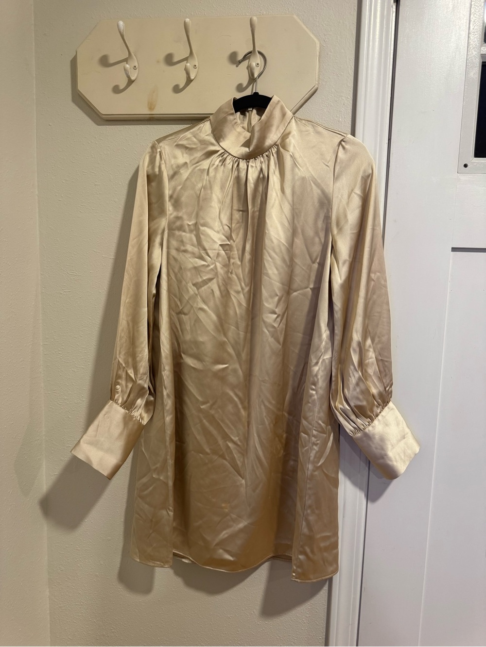Cream Satin High-Neck Long Sleeve Dress